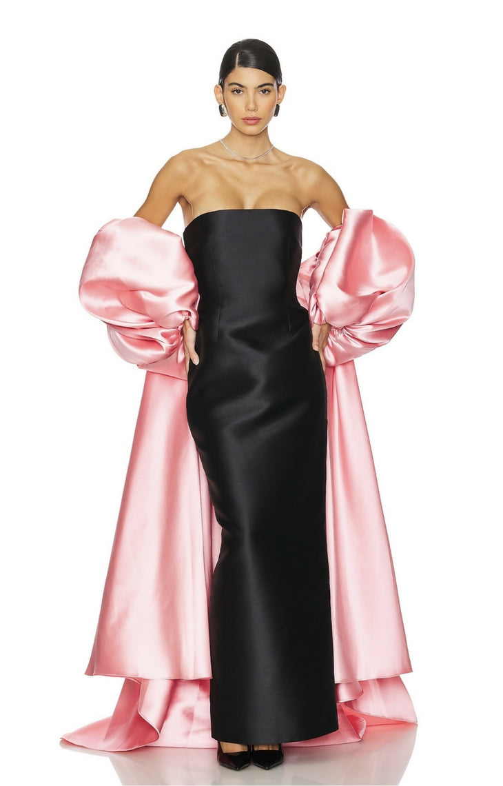 Black strapless maxi dress with dramatic voluminous pink satin sleeves and train — Solace London | Endless UAE