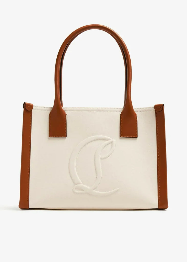 Cream and tan leather tote bag with embossed CL logo and brown handles — Christian Louboutin | Endless UAE