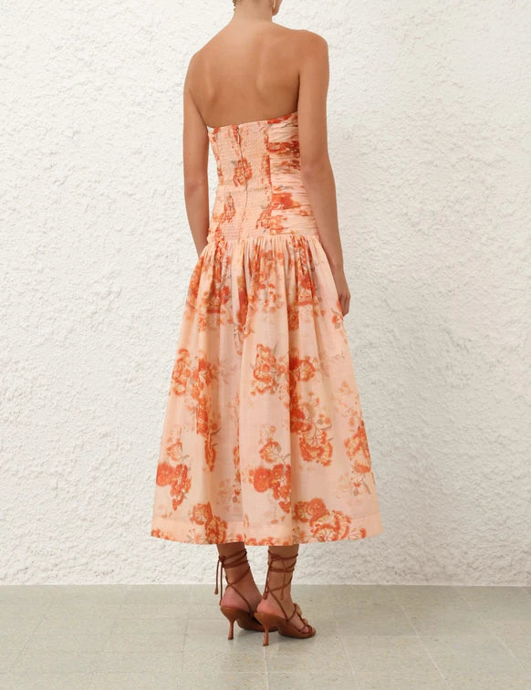 Strapless coral floral print midi dress with ruched bodice and flared skirt, back view — Zimmermann | Endless UAE