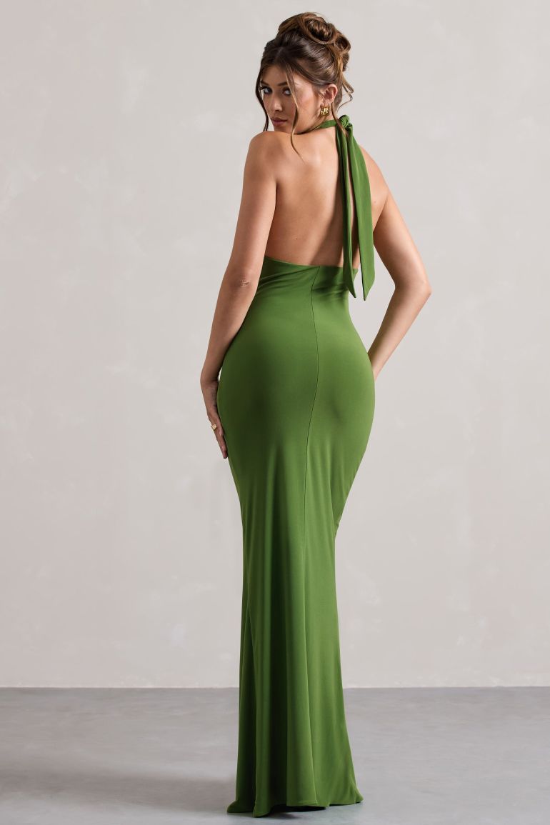 Elegant green halter-neck maxi dress with open back and ruched detailing, floor-length silhouette — Club L London | Endless UAE