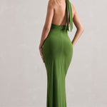 Elegant green halter-neck maxi dress with open back and ruched detailing, floor-length silhouette — Club L London | Endless UAE