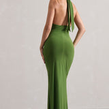Elegant green halter-neck maxi dress with open back and ruched detailing, floor-length silhouette — Club L London | Endless UAE