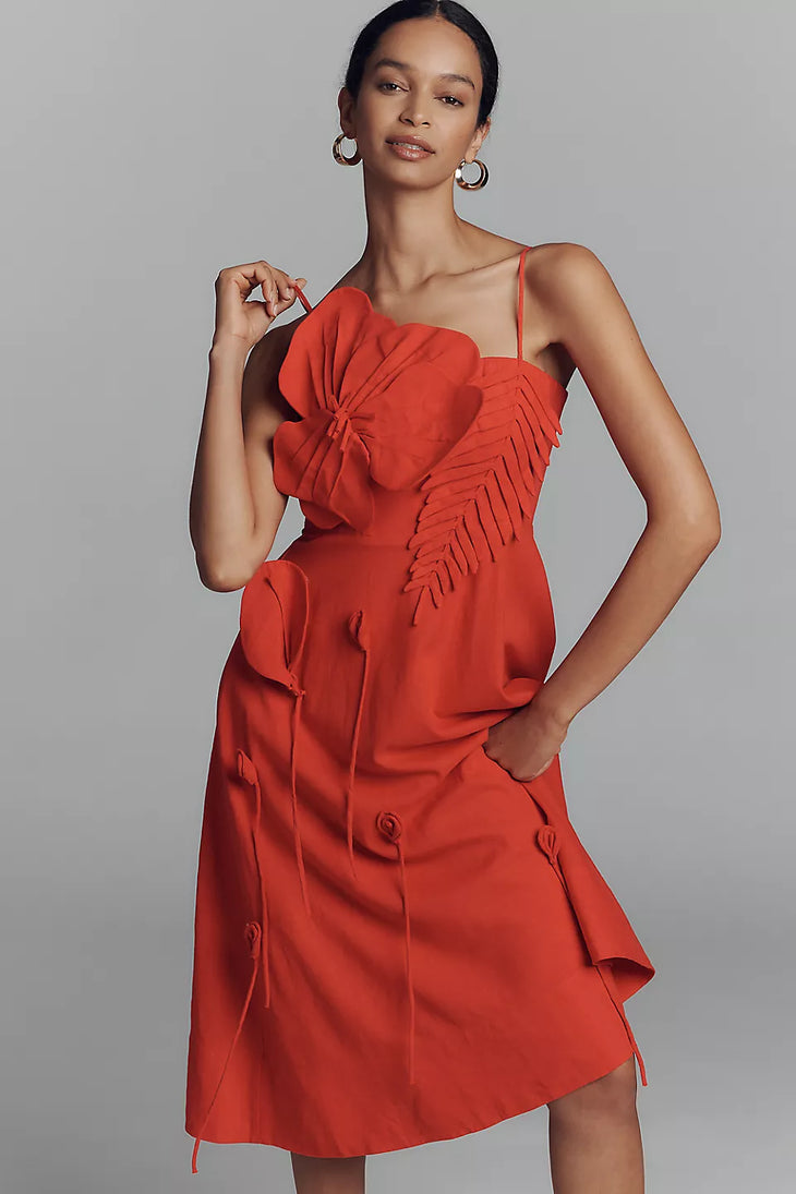 Woman wearing red linen blend midi dress with appliqué details and ruffled neckline — FARM Rio | Endless UAE