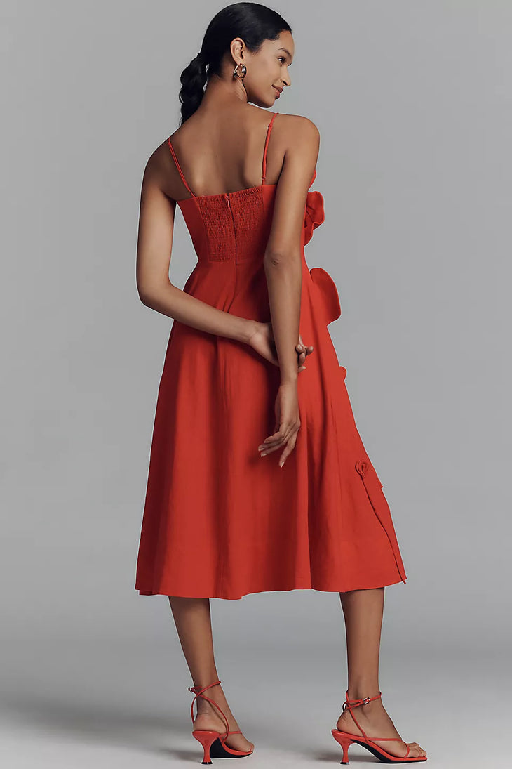 Woman wearing red linen blend midi dress with appliqué details and ruffled neckline — FARM Rio | Endless UAE
