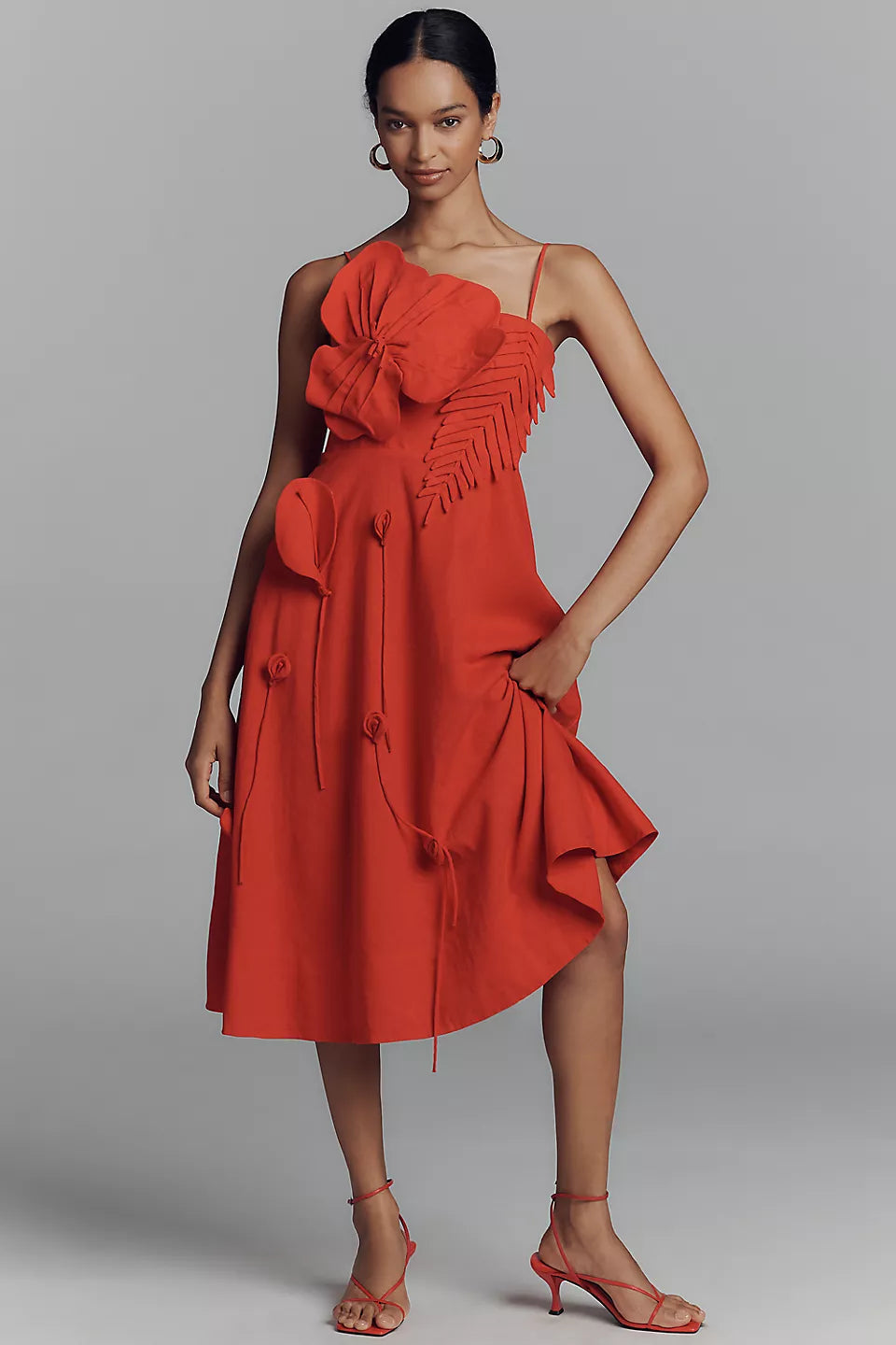 Woman wearing red linen blend midi dress with appliqué details and ruffled neckline — FARM Rio | Endless UAE