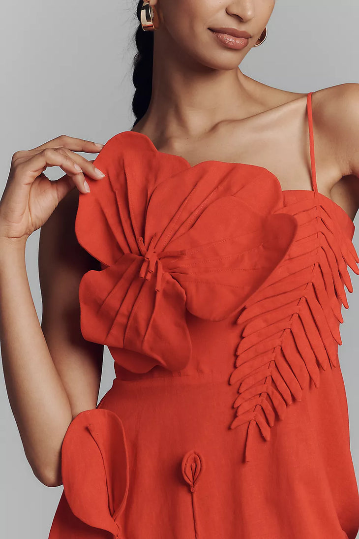 Woman wearing red linen blend midi dress with appliqué details and ruffled neckline — FARM Rio | Endless UAE