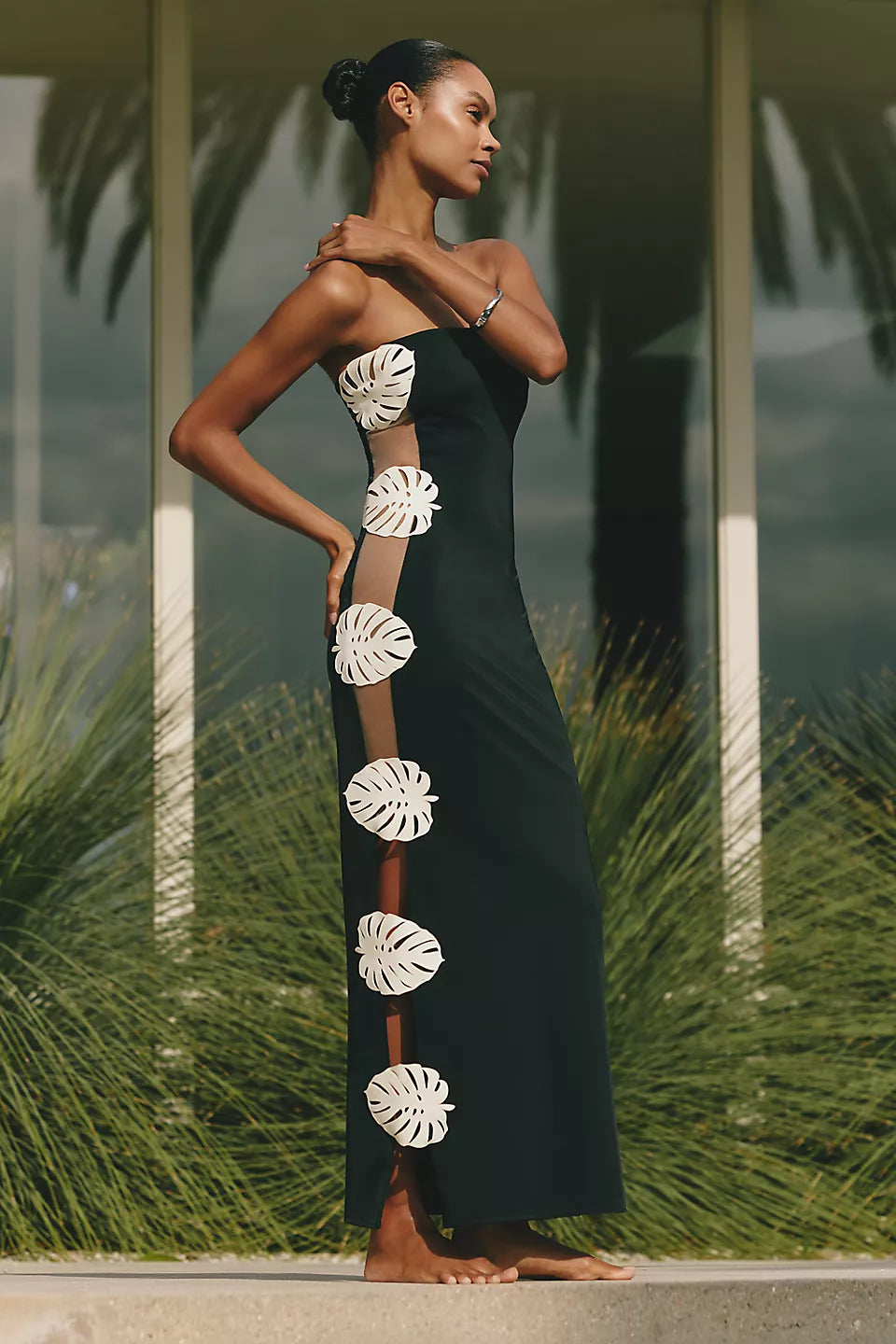 Black strapless maxi dress with white leaf cutouts down the side — Bahia Maria | Endless UAE