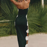 Black strapless maxi dress with white leaf cutouts down the side — Bahia Maria | Endless UAE