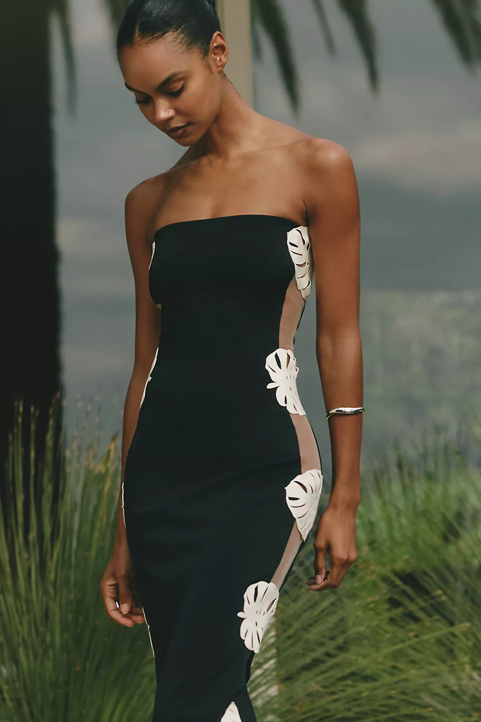 Black strapless maxi dress with white leaf cutouts down the side — Bahia Maria | Endless UAE