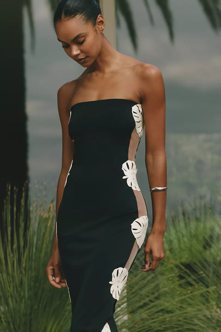 Black strapless maxi dress with white leaf cutouts down the side — Bahia Maria | Endless UAE