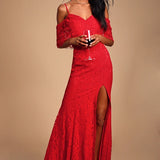 Caterina Red Lace Off-the-Shoulder Maxi Dress