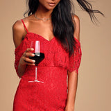Caterina Red Lace Off-the-Shoulder Maxi Dress