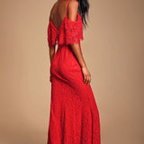 Caterina Red Lace Off-the-Shoulder Maxi Dress