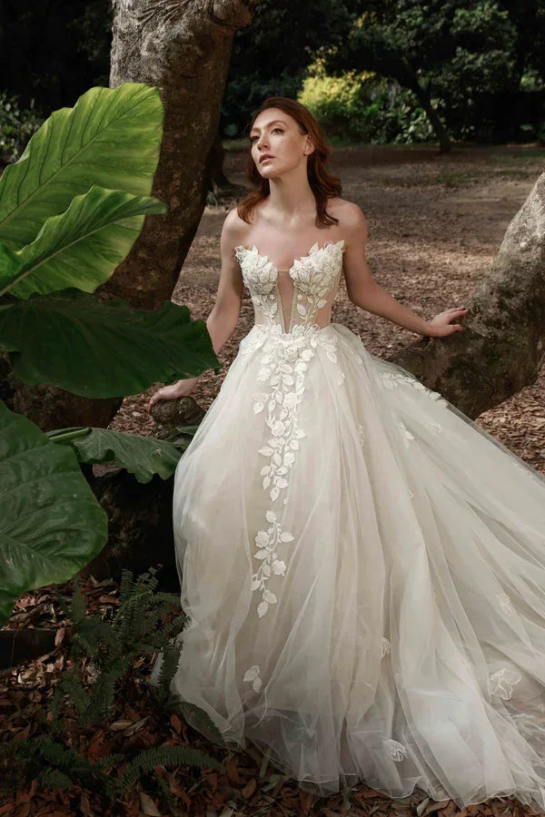 Shayla sleeveless floral appliqué tulle wedding gown with flowing train — Chic Nostalgic | Endless UAE
