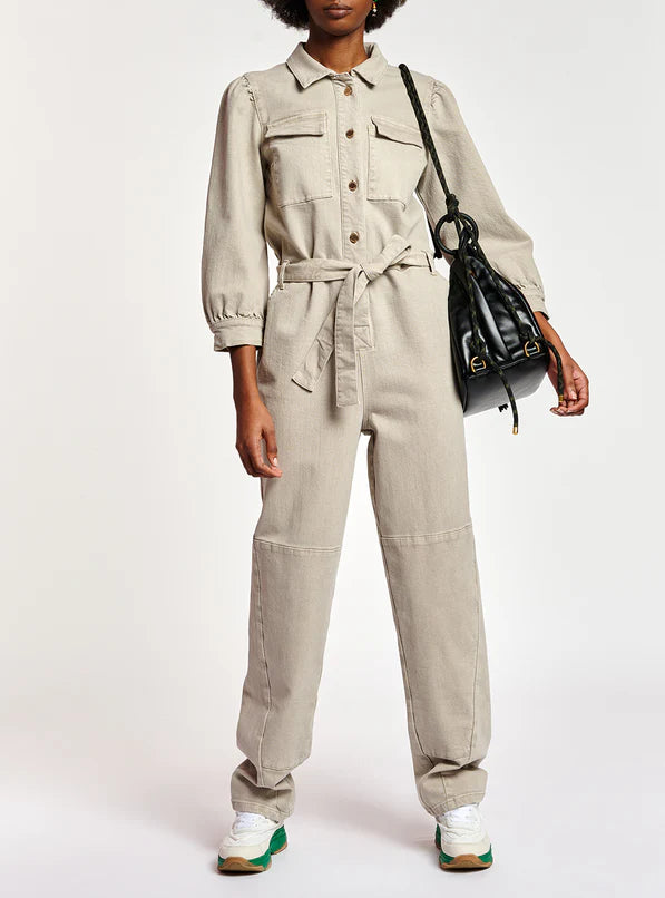Beige denim jumpsuit with puffed sleeves and belt — Essentiel Antwerp | Endless UAE