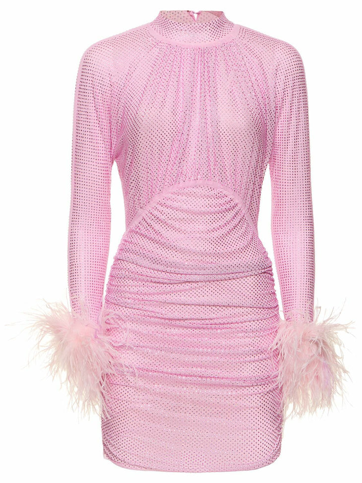 Pink sequined mini dress with feather cuffs and ruched bodycon silhouette — Self-Portrait | Endless UAE