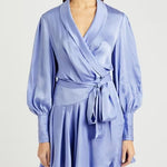 Periwinkle blue silk wrap dress with billowing sleeves and tie waist belt — ZIMMERMANN | Endless UAE