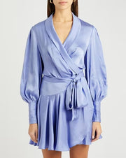 Periwinkle blue silk wrap dress with billowing sleeves and tie waist belt — ZIMMERMANN | Endless UAE