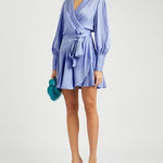 Periwinkle blue silk wrap dress with blouson sleeves and tie waist belt — ZIMMERMANN | Endless UAE