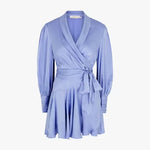 Periwinkle blue silk wrap dress with long blouson sleeves and tie waist detail — ZIMMERMANN | Endless UAE
