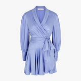Periwinkle blue silk wrap dress with long blouson sleeves and tie waist detail — ZIMMERMANN | Endless UAE