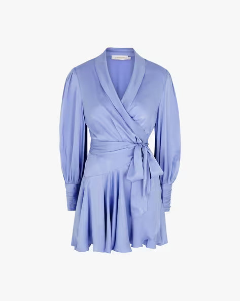 Periwinkle blue silk wrap dress with long blouson sleeves and tie waist detail — ZIMMERMANN | Endless UAE