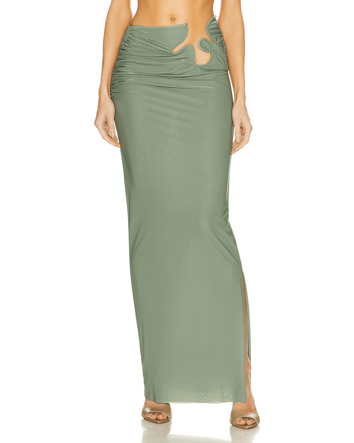 Sage green maxi skirt with draped cutout details and side slit — Christopher Esber | Endless UAE