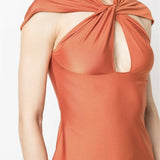 Orange sleeveless dress with twisted cutout neckline detail and form-fitting silhouette — Coperni | Endless UAE