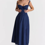 Woman wearing navy blue Carmen French Bustier Sundress with sweetheart neckline — Endless | Endless UAE