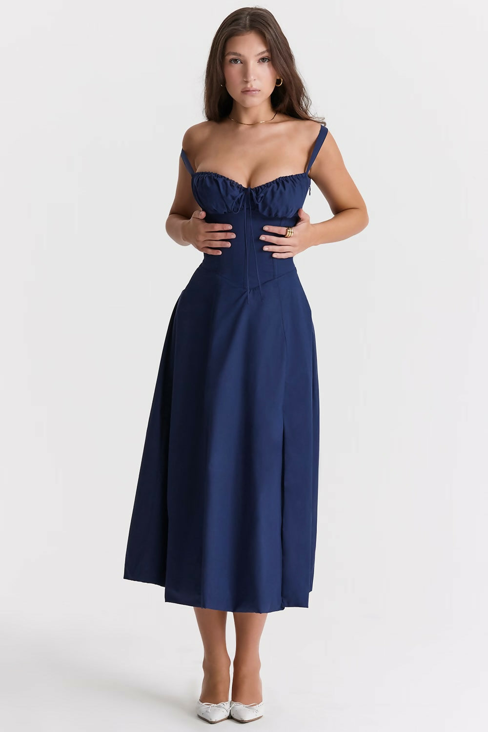 Woman wearing navy blue Carmen French Bustier Sundress with sweetheart neckline — Endless | Endless UAE
