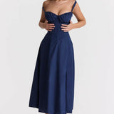 Woman wearing navy blue Carmen French Bustier Sundress with sweetheart neckline — Endless | Endless UAE