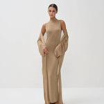 Elegant beige sleeveless maxi dress with matching duster cardigan in neutral tone — Nora The Label | Endless UAE
