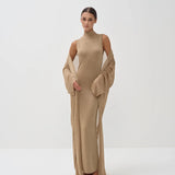 Elegant beige sleeveless maxi dress with matching duster cardigan in neutral tone — Nora The Label | Endless UAE