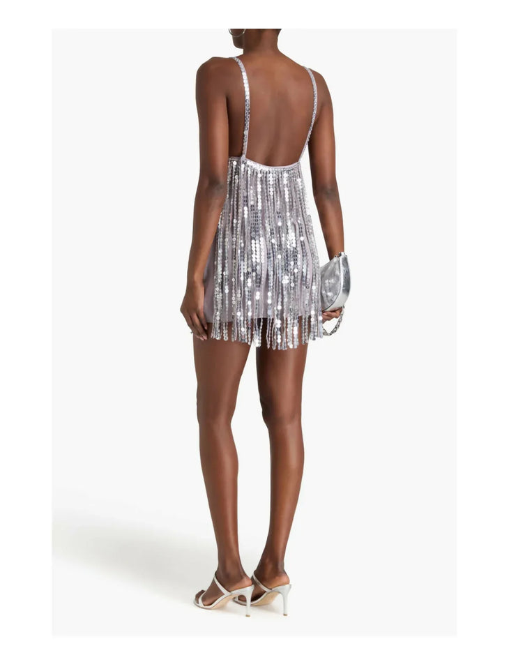 Silver sequined fringed mini dress with deep V-neckline — Retrofete | Endless UAE