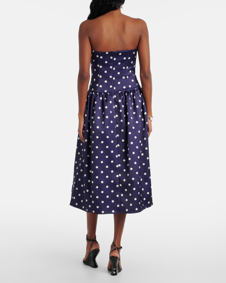 Navy polka-dot strapless cocktail dress with full skirt — Self-Portrait | Endless UAE