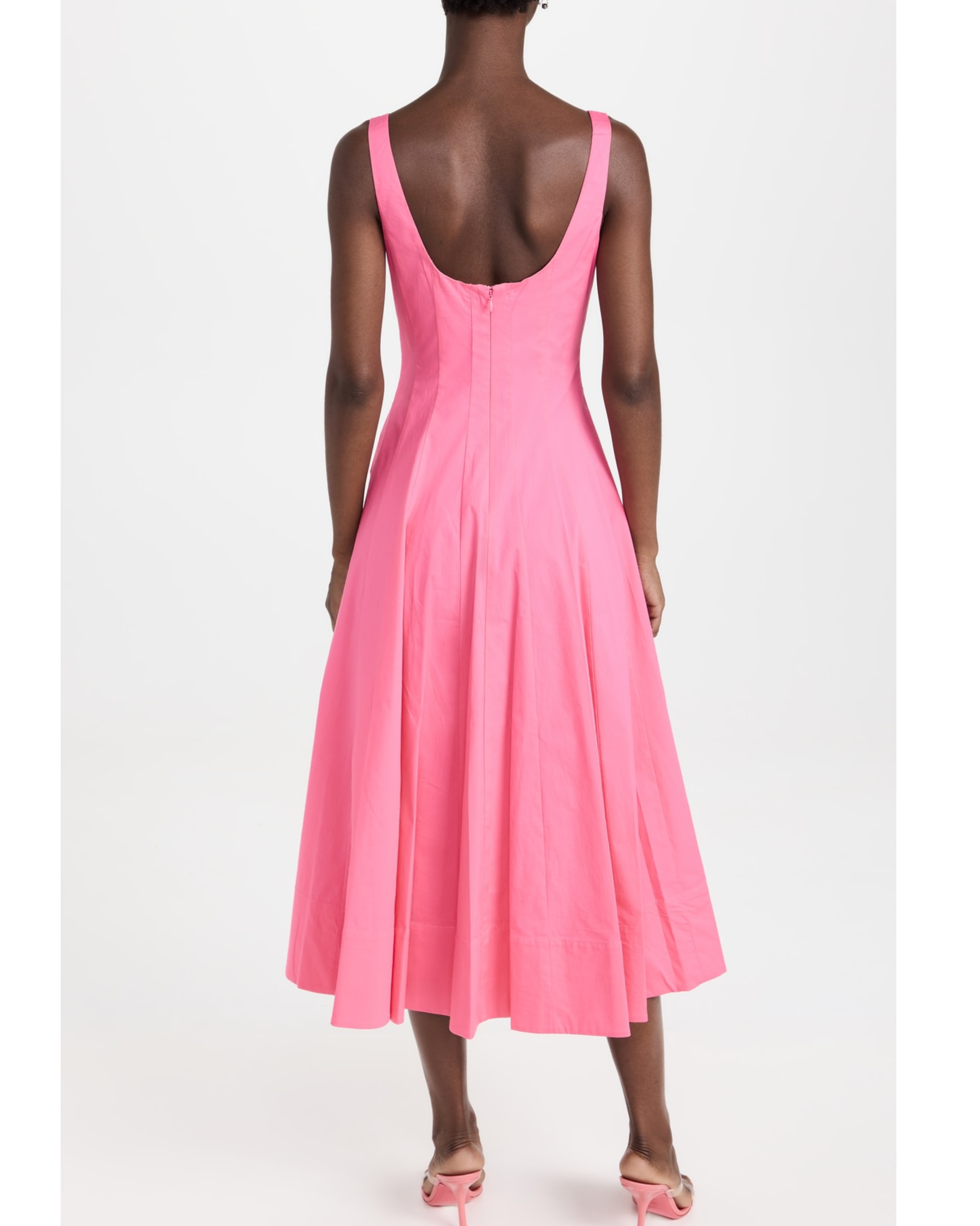 Pink sleeveless midi dress with square neckline and full skirt — Staud | Endless UAE