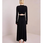 Black long-sleeve wrap midi dress with cutout details and white slide sandals — A.L.C | Endless UAE