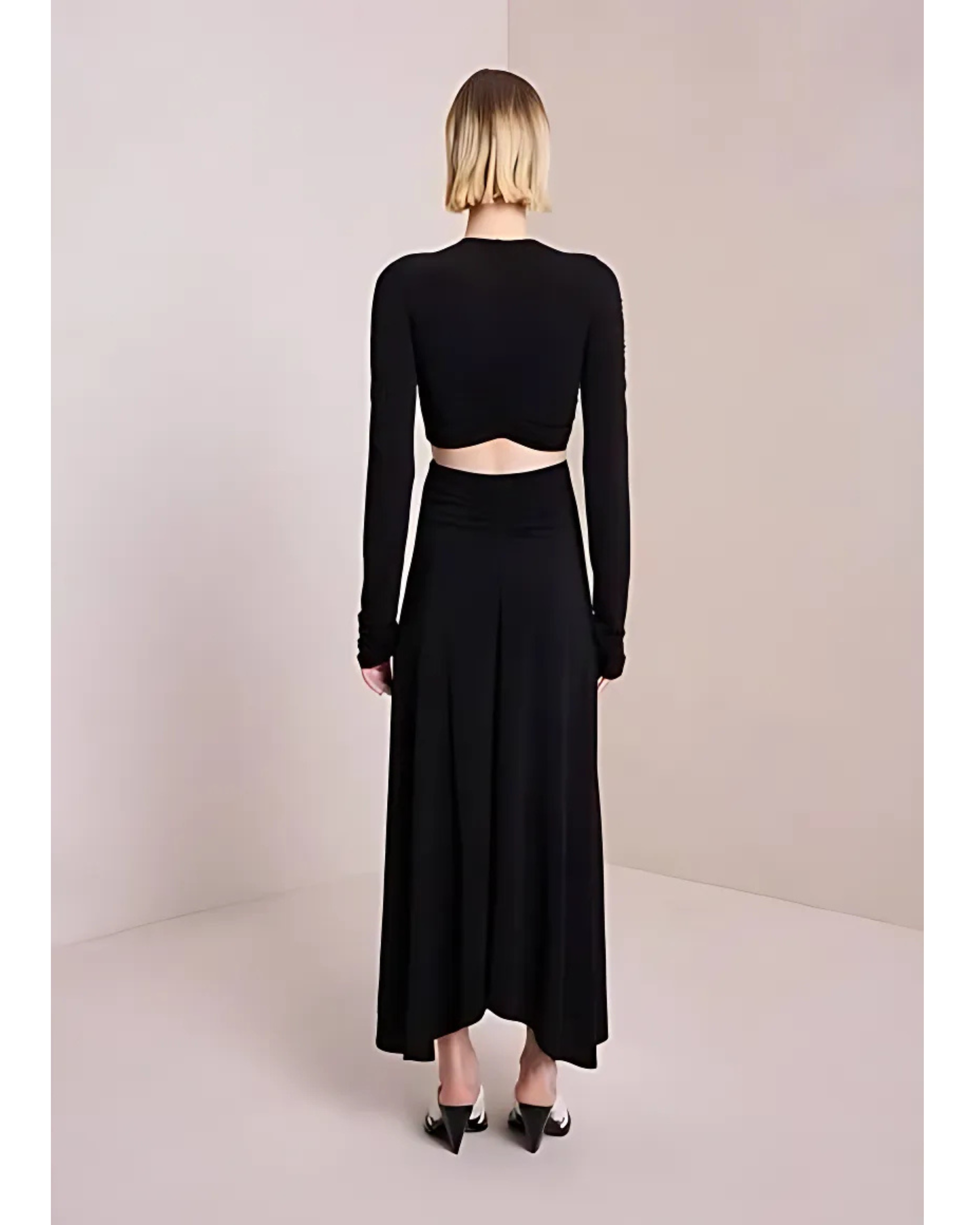 Black long-sleeve wrap midi dress with cutout details and white slide sandals — A.L.C | Endless UAE