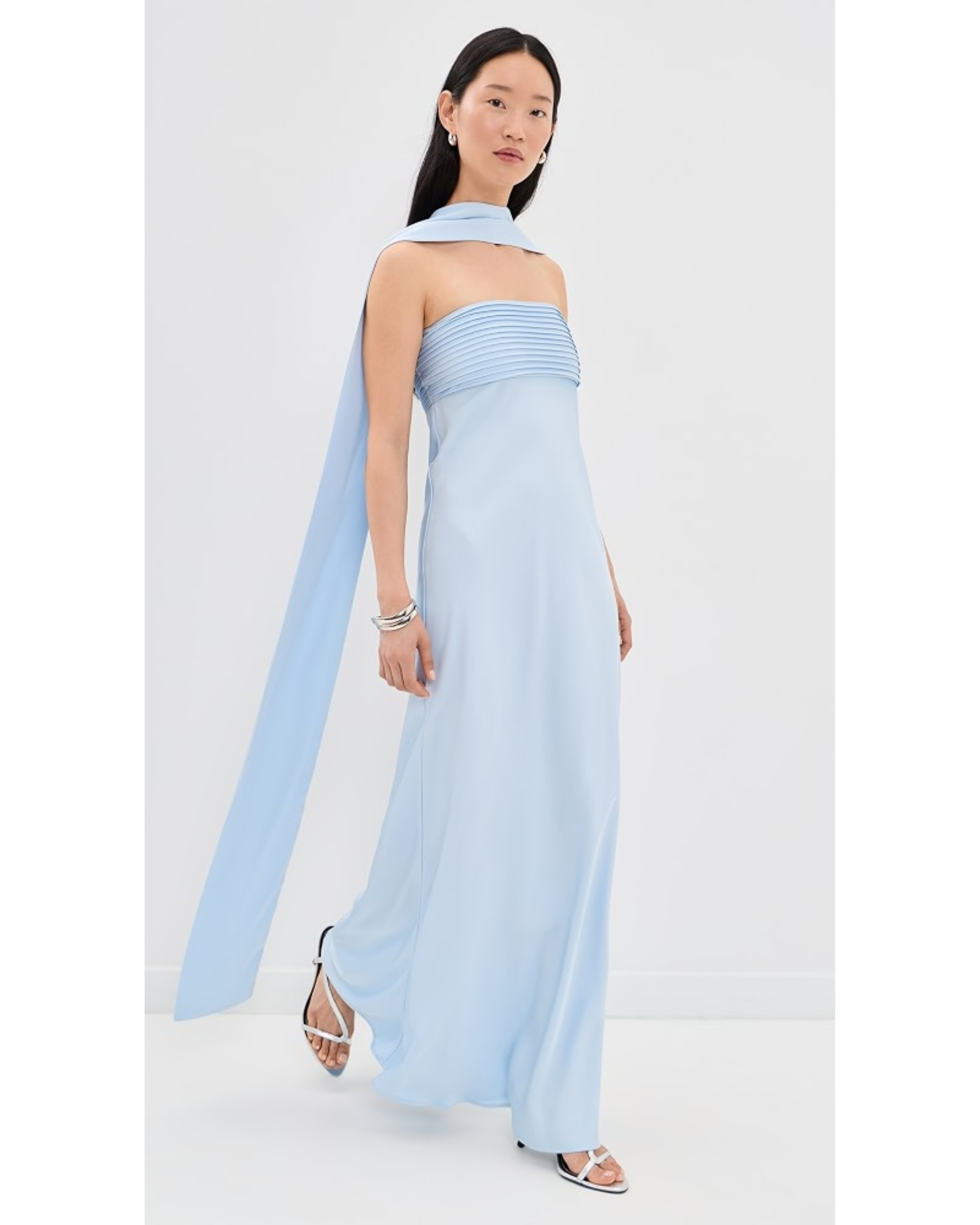 Elsa Maxi Dress in light blue with pleated bodice and flowing cape — Runaway The Label | Endless UAE