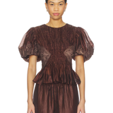 Burgundy Ophelia lace top and pants set with puffed sleeves and pleated details — Aje | Endless UAE