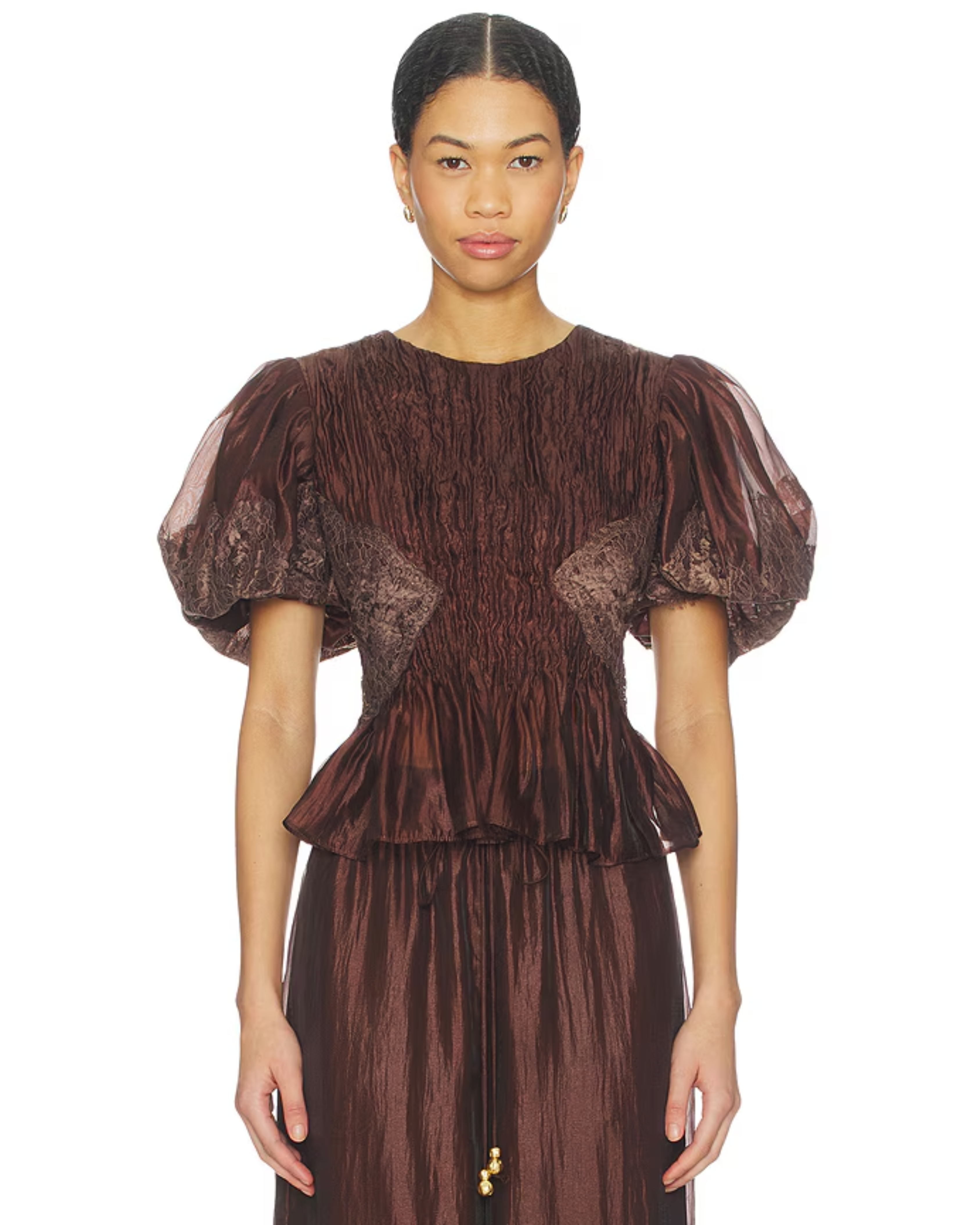 Burgundy Ophelia lace top and pants set with puffed sleeves and pleated details — Aje | Endless UAE