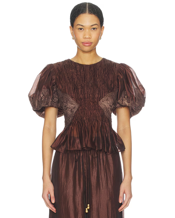 Burgundy Ophelia lace top and pants set with puffed sleeves and pleated details — Aje | Endless UAE