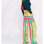 Barocco Goddess Silk Trousers in yellow, turquoise and magenta — Versace | Endless UAE