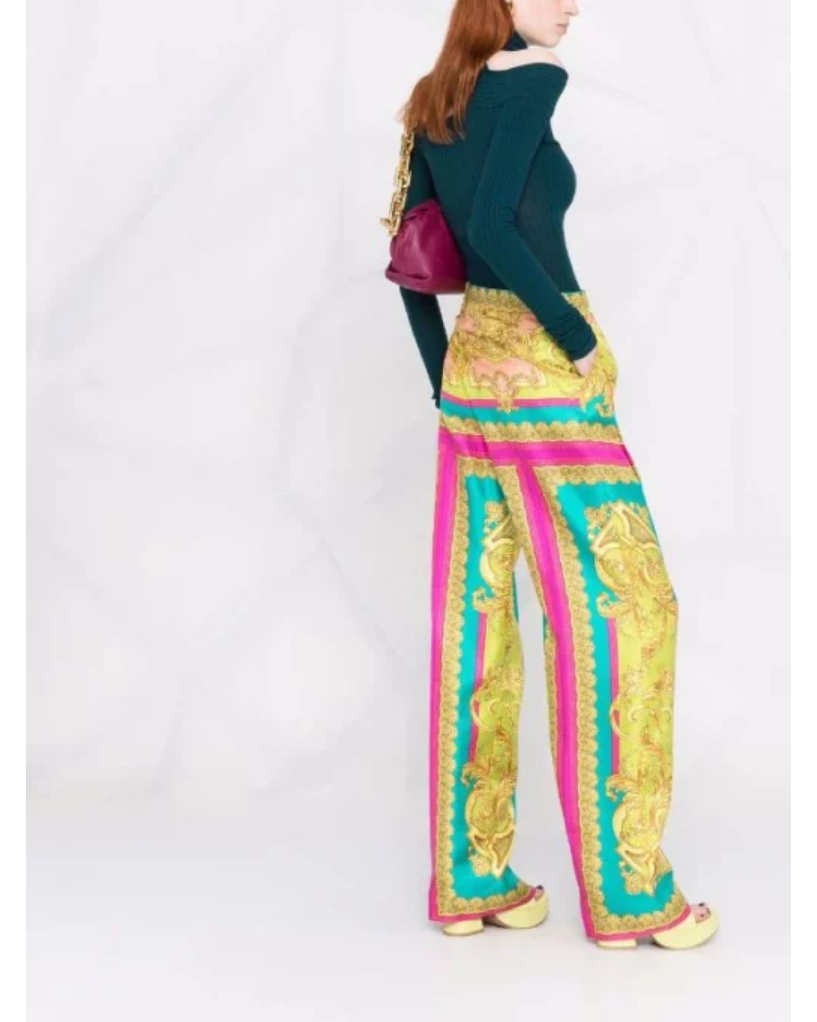 Barocco Goddess Silk Trousers in yellow, turquoise and magenta — Versace | Endless UAE
