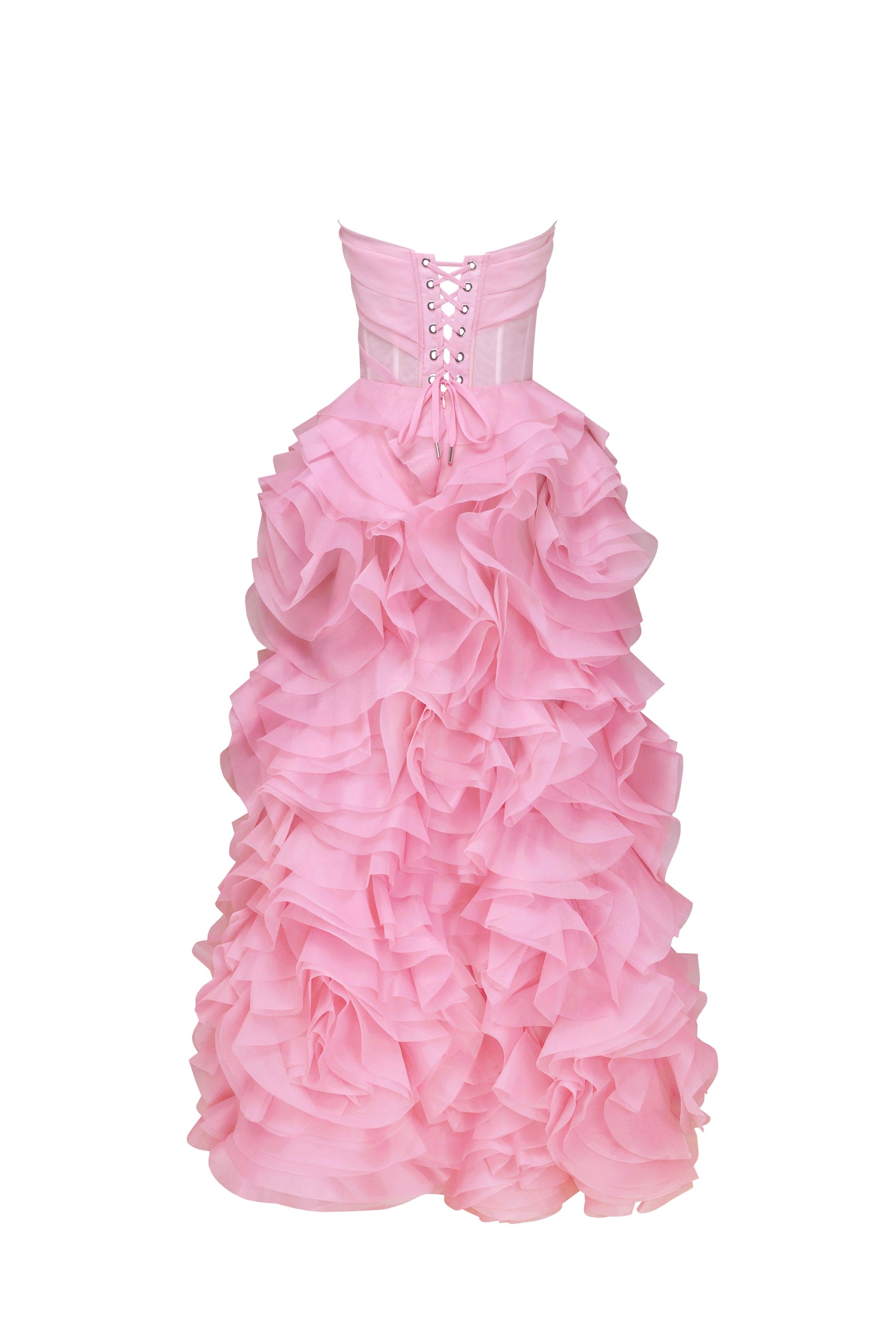 Floor-length pink strapless gown with corset bodice featuring lace-up back detail and dramatic cascading ruffled rosette skirt — Milla | Endless UAE