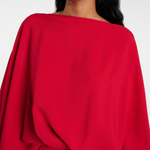 Elegant red crêpe cady gown with draped sleeves and boat neckline — Taller Marmo | Endless UAE