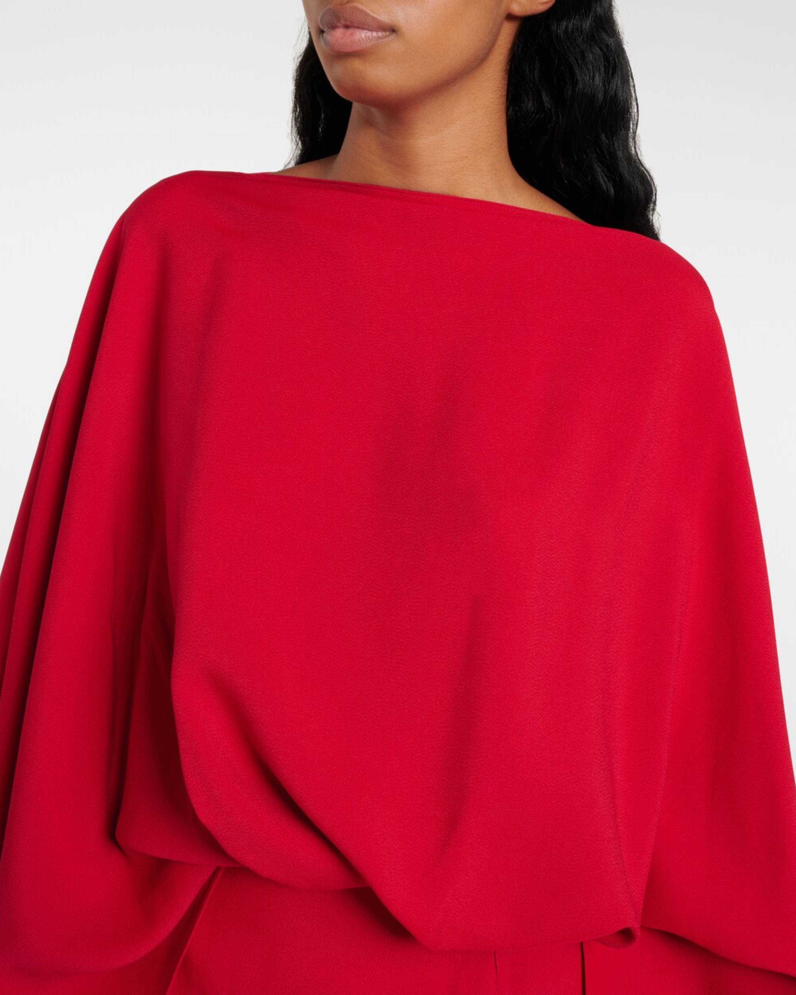 Elegant red crêpe cady gown with draped sleeves and boat neckline — Taller Marmo | Endless UAE