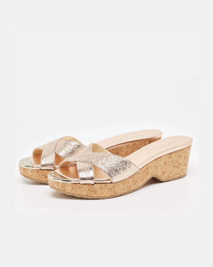 Gold textured leather platform slide sandal with cork wedge heel — Jimmy Choo | Endless UAE