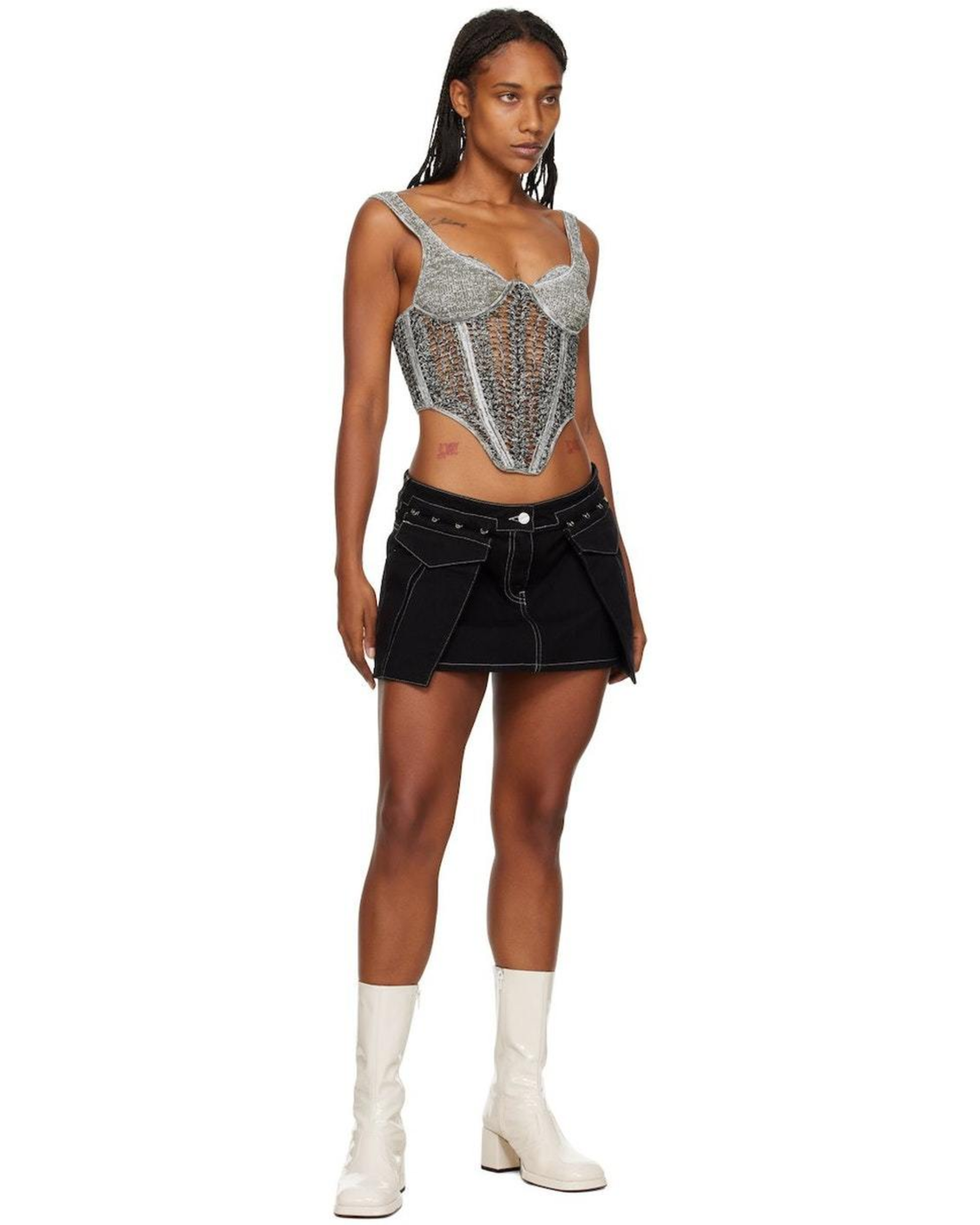 Silver metallic crochet corset top with sheer mesh panel and bustier silhouette — Dion Lee | Endless UAE