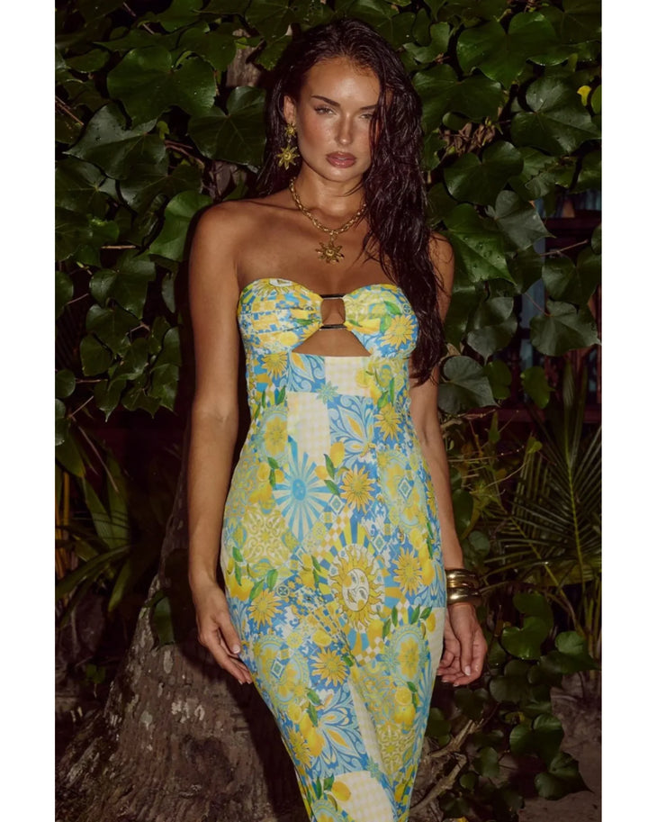 Velzy Strapless Maxi Dress in yellow floral print — Runaway The Label | Endless UAE